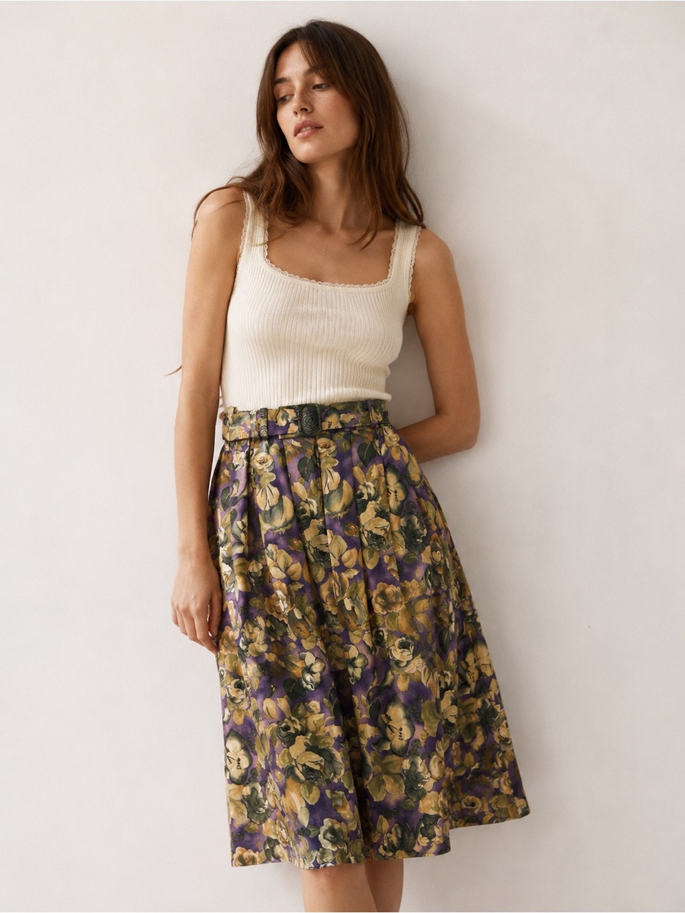 Vintage Floral Belted Skirt